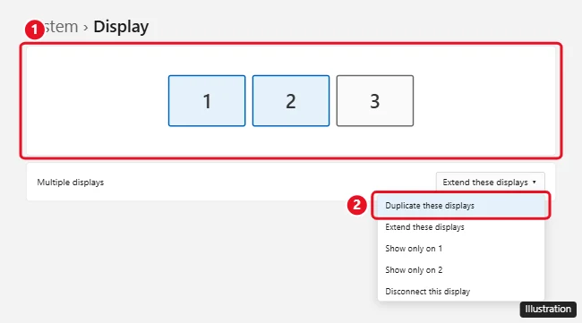 How to Duplicate Your Display on 3 Monitors in Windows 11 1 Windows 11 Display settings with three monitors arranged and the Duplicate these displays option highlighted in the multiple displays menu