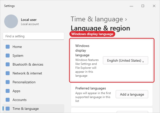 How to Change the Windows Display Language 1 Language and region settings with the Windows display language drop-down highlighted