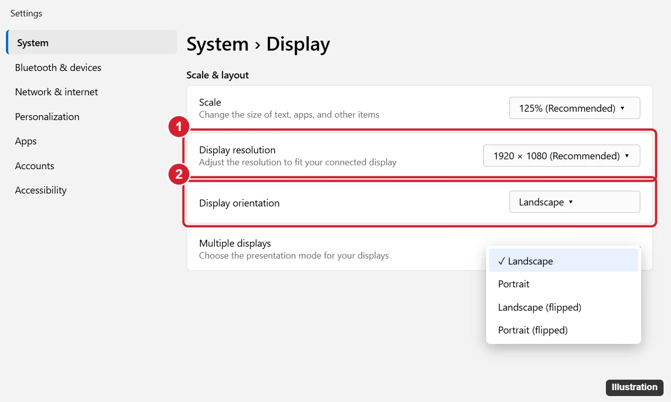 How to Return Your Computer Screen to Normal on Windows 11 1 Windows 11 Display settings with Display orientation set to Landscape, resolution set to Recommended, and Scale highlighted