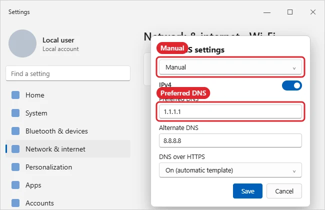 How to Change DNS Servers in Windows 11 1 Windows 11 Edit DNS settings dialog set to Manual with IPv4 preferred and alternate DNS server fields