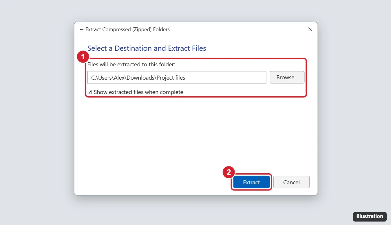 Windows 11 Extract Compressed Folders dialog with the destination folder, Show extracted files when complete, and Extract button highlighted