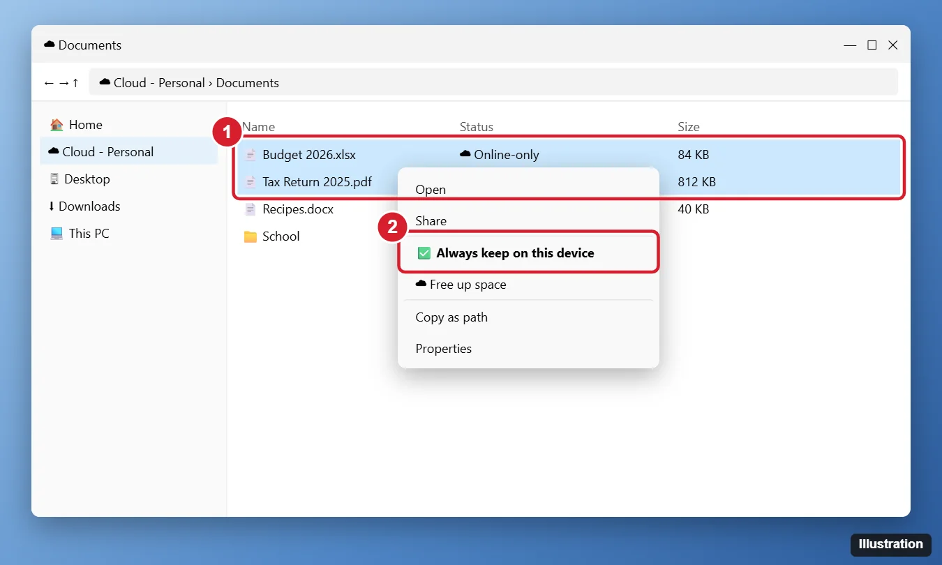 Windows 11 File Explorer cloud storage folder with files selected and the right-click menu showing Always keep on this device highlighted