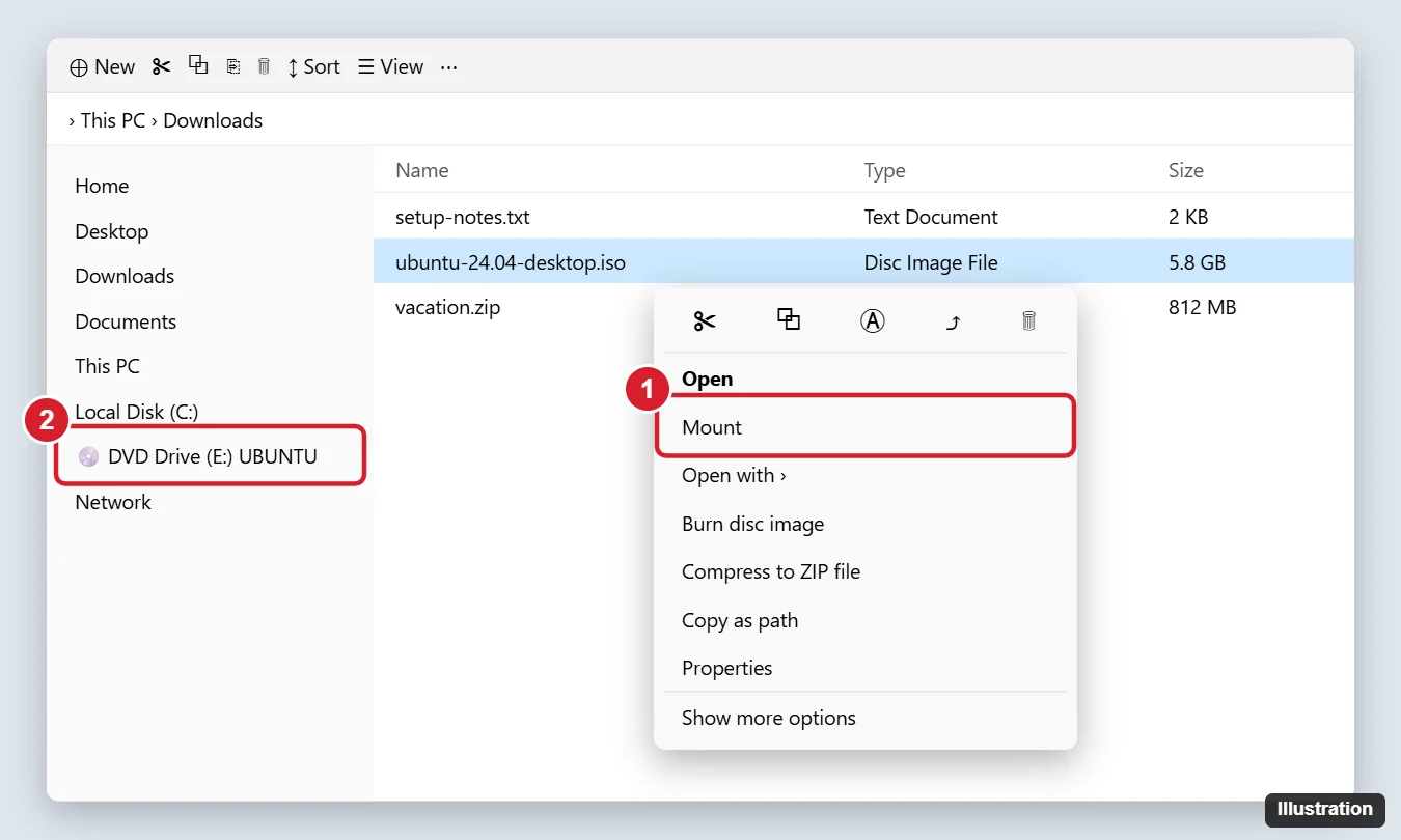Windows 11 File Explorer with an ISO file right-clicked and the Mount option highlighted, plus the mounted DVD drive in the sidebar