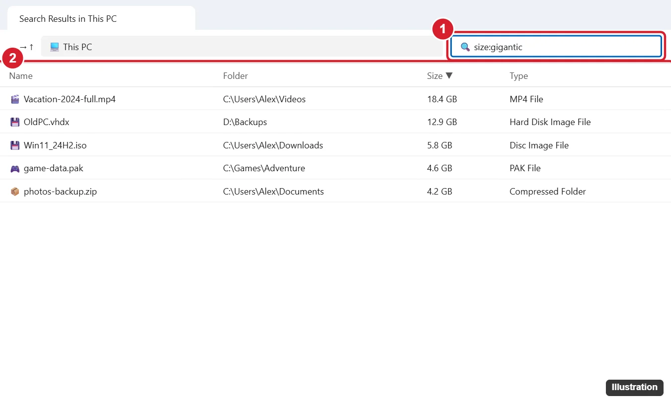 How to Find Large Files on Windows 11 1 Windows 11 File Explorer searching This PC with size:gigantic in the search box and results sorted by size
