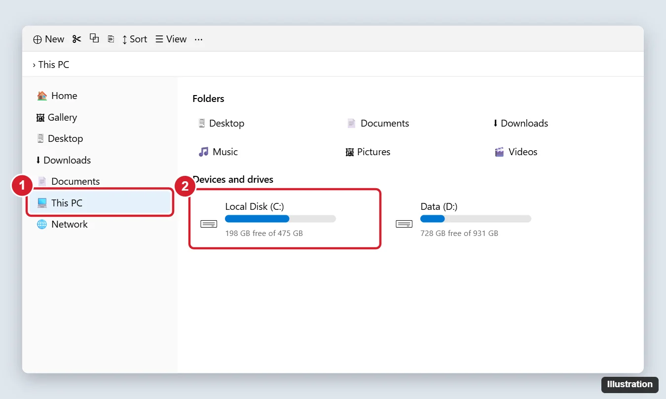 How to Access the C Drive on Windows 11 1 Windows 11 File Explorer with This PC selected and the Local Disk (C:) drive highlighted