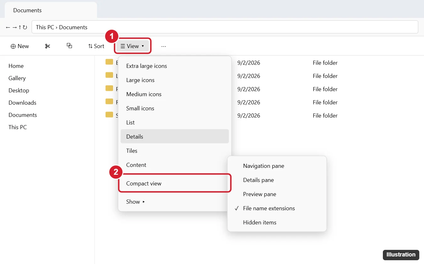 How to Make Windows 11 File Explorer Look Like Windows 10 1 Windows 11 File Explorer with the View menu open and the Compact view option highlighted