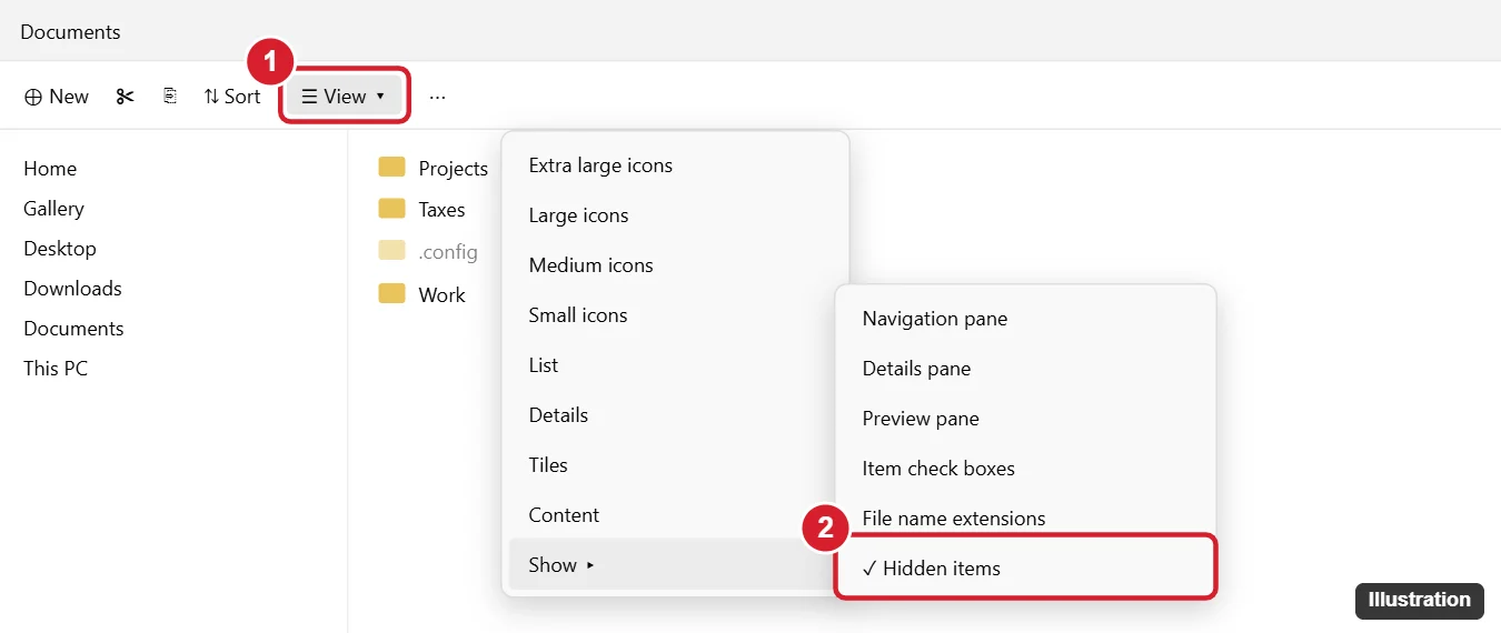 How to Show Hidden Files on Windows 11 1 Windows 11 File Explorer View menu with Show submenu open and Hidden items highlighted