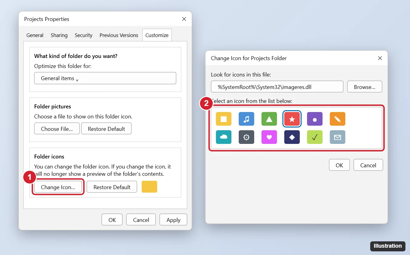 How to Change a Folder Icon in Windows 10 (and 11) 1 Folder Properties dialog on the Customize tab with the Change Icon button and the Change Icon picker showing system icons
