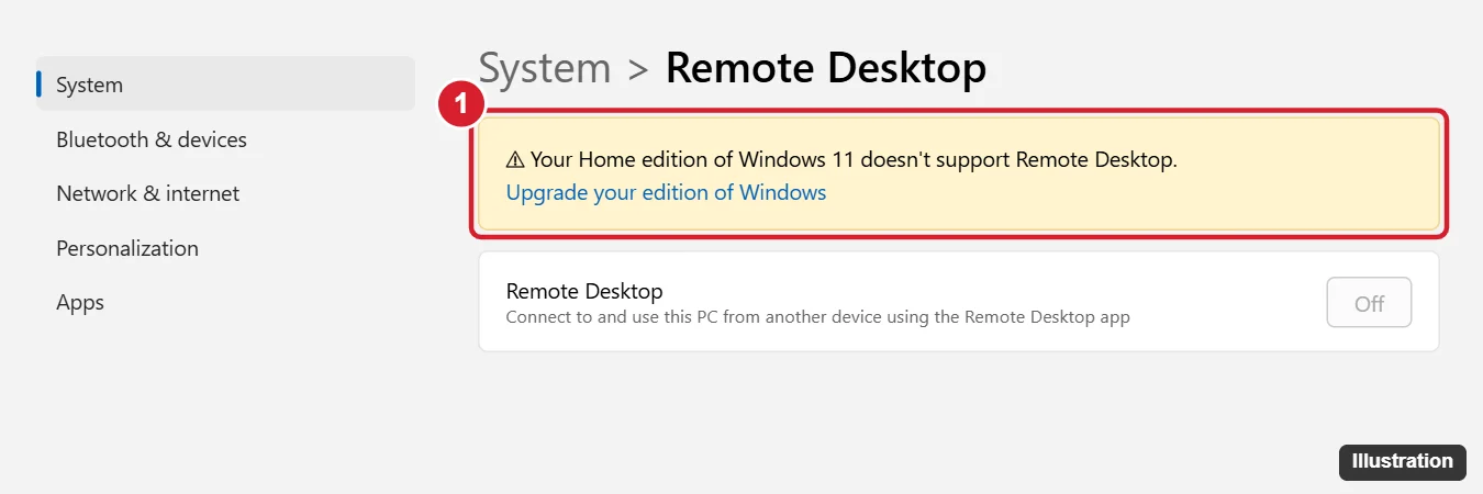 How to Use Remote Desktop on Windows 11 Home 1 Windows 11 Home Settings Remote Desktop page showing that Home edition does not support Remote Desktop, with the upgrade link highlighted