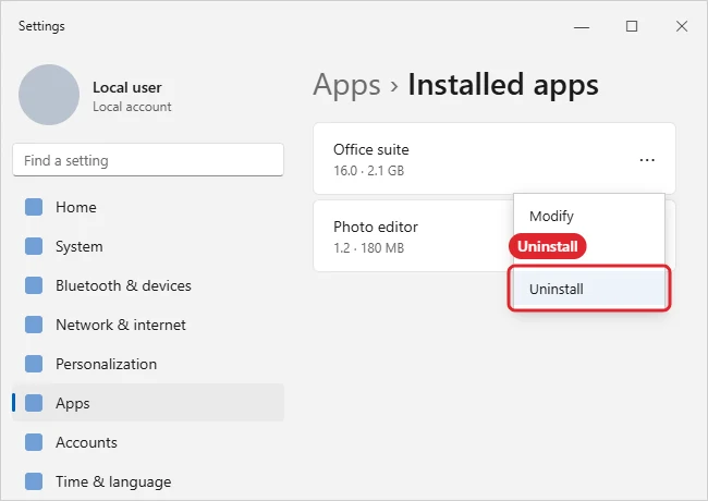 Installed apps list with the three-dot menu open and Uninstall highlighted