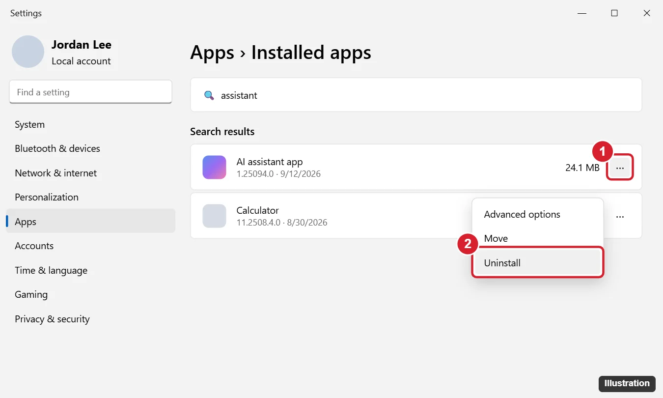 Windows 11 Settings Installed apps page with the AI assistant app menu open and Uninstall highlighted
