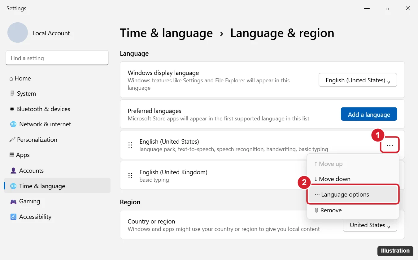 How to Reset Keyboard Settings in Windows 11 (Complete Guide) 1 Windows 11 Language and region settings with the language menu and Language options highlighted