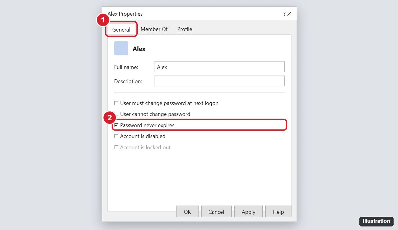 How to Disable Password Expiration on Windows 11: A Step-by-Step Guide 1 Windows 11 local user Properties dialog on the General tab with Password never expires checked