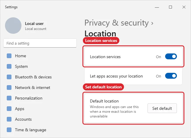 How to Change Your Laptop Location in Windows 11 1 Location settings with the Default location Set default button highlighted