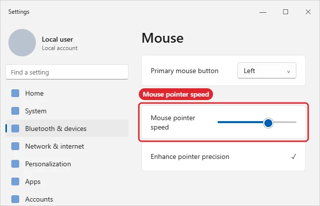 How to Adjust Mouse Speed on Windows 11 1 Windows Settings Mouse page with the Mouse pointer speed slider highlighted