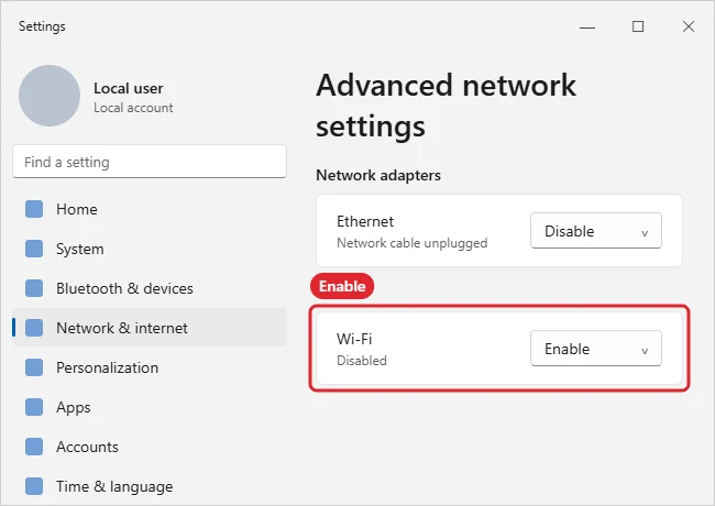 How to Enable the Wi-Fi Adapter in Windows 11 1 Windows Settings Advanced network settings with the Enable button for the Wi-Fi adapter highlighted