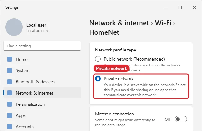 Windows 11 Settings Wi-Fi network properties with Network profile type options Public network and Private network