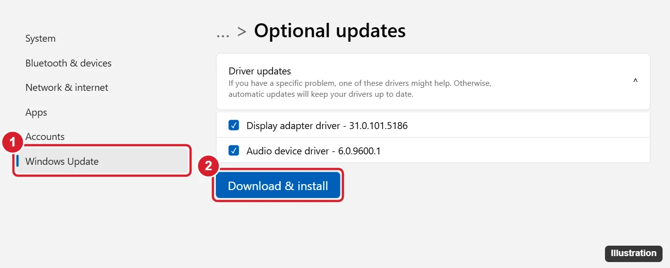 Windows 11 Settings Optional updates page with Driver updates expanded and Download and install highlighted