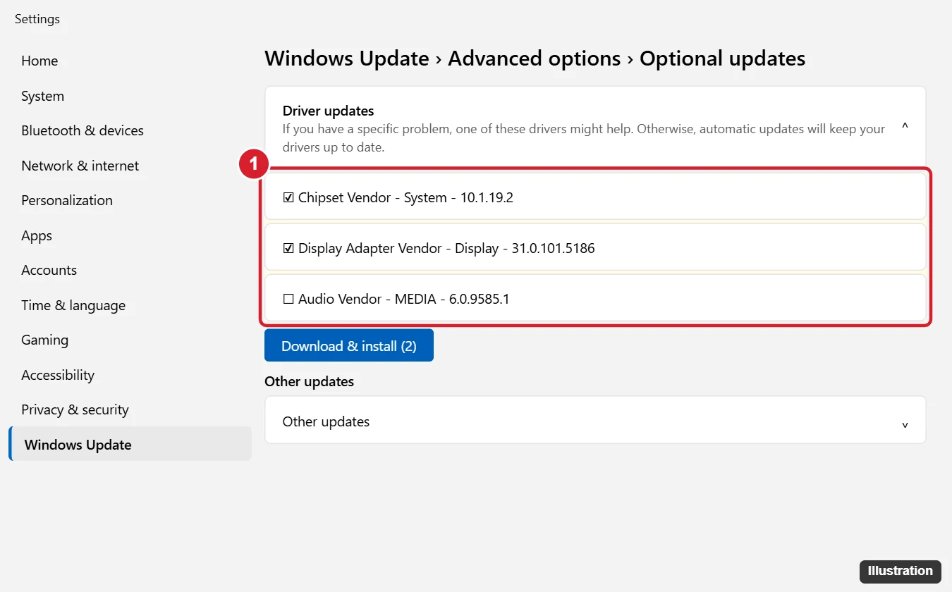Windows 11 Settings Windows Update Advanced options Optional updates page with the Driver updates list expanded and two drivers checked