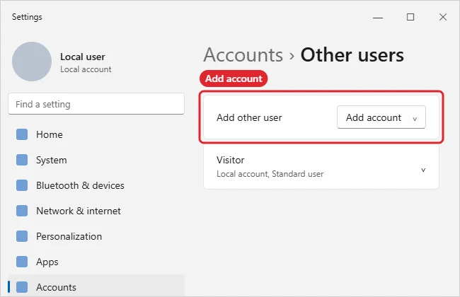 How to Add a Guest Account on Windows 11 1 Windows Settings Other users page with the Add account button highlighted