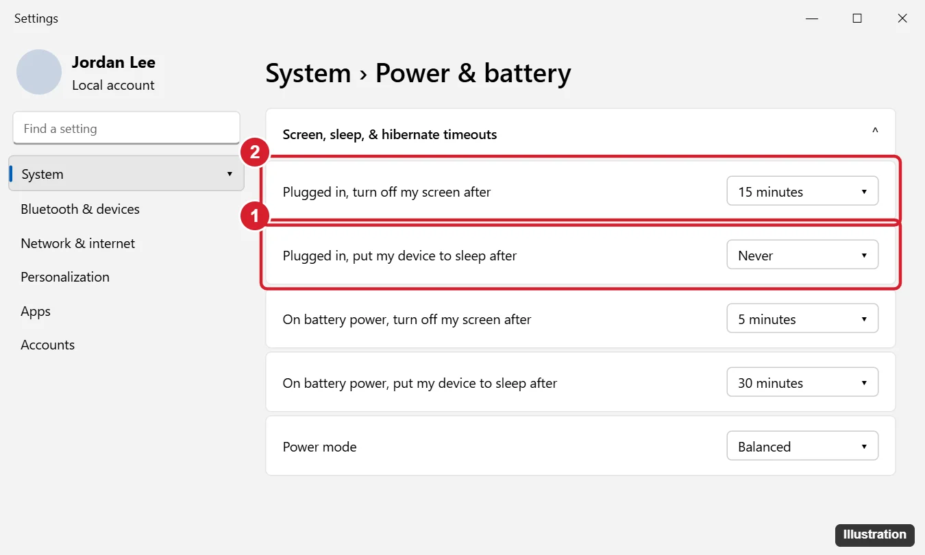 How to Stop Your Computer From Sleeping in Windows 11 1 Windows 11 Settings Power and battery page with Screen, sleep and hibernate timeouts expanded and the plugged-in sleep option set to Never highlighted