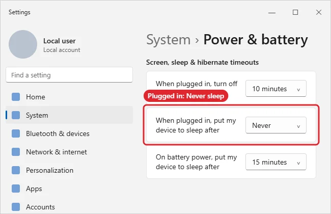 Windows 11 Settings Power screen with sleep set to Never when plugged in