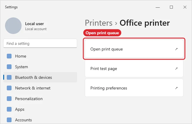 How to Clear the Printer Queue in Windows 11 1 Windows Settings printer page with Open print queue highlighted