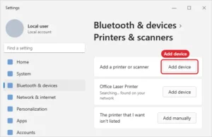 Windows 11 Printers and scanners settings with the Add device button highlighted