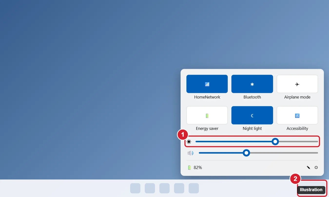 Windows 11 Quick Settings panel open from the taskbar with the brightness slider highlighted
