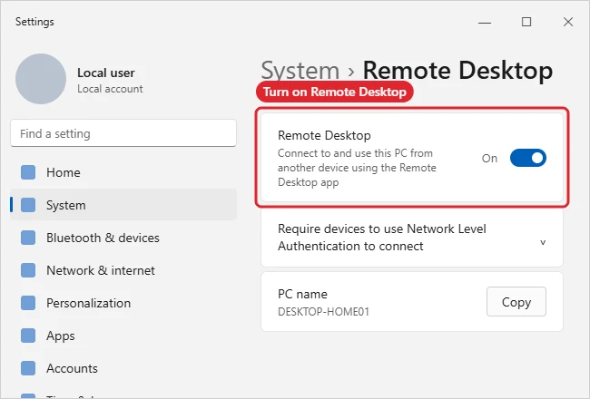 How to Use Windows Remote Desktop 1 Remote Desktop settings with the Remote Desktop switch highlighted