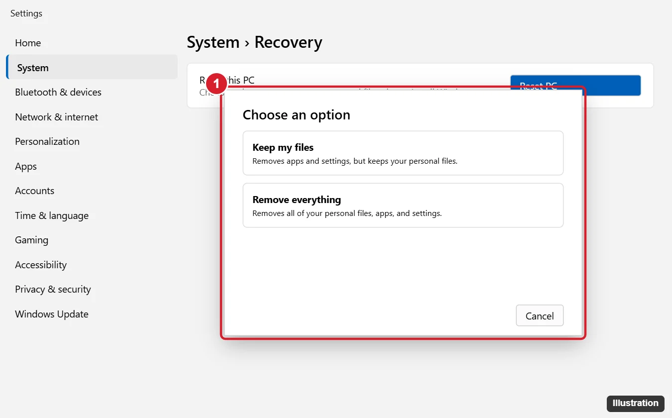 How to Reset Windows 11 (Factory Reset a PC or Laptop) 1 Windows 11 Recovery settings with the Reset this PC dialog asking whether to keep my files or remove everything