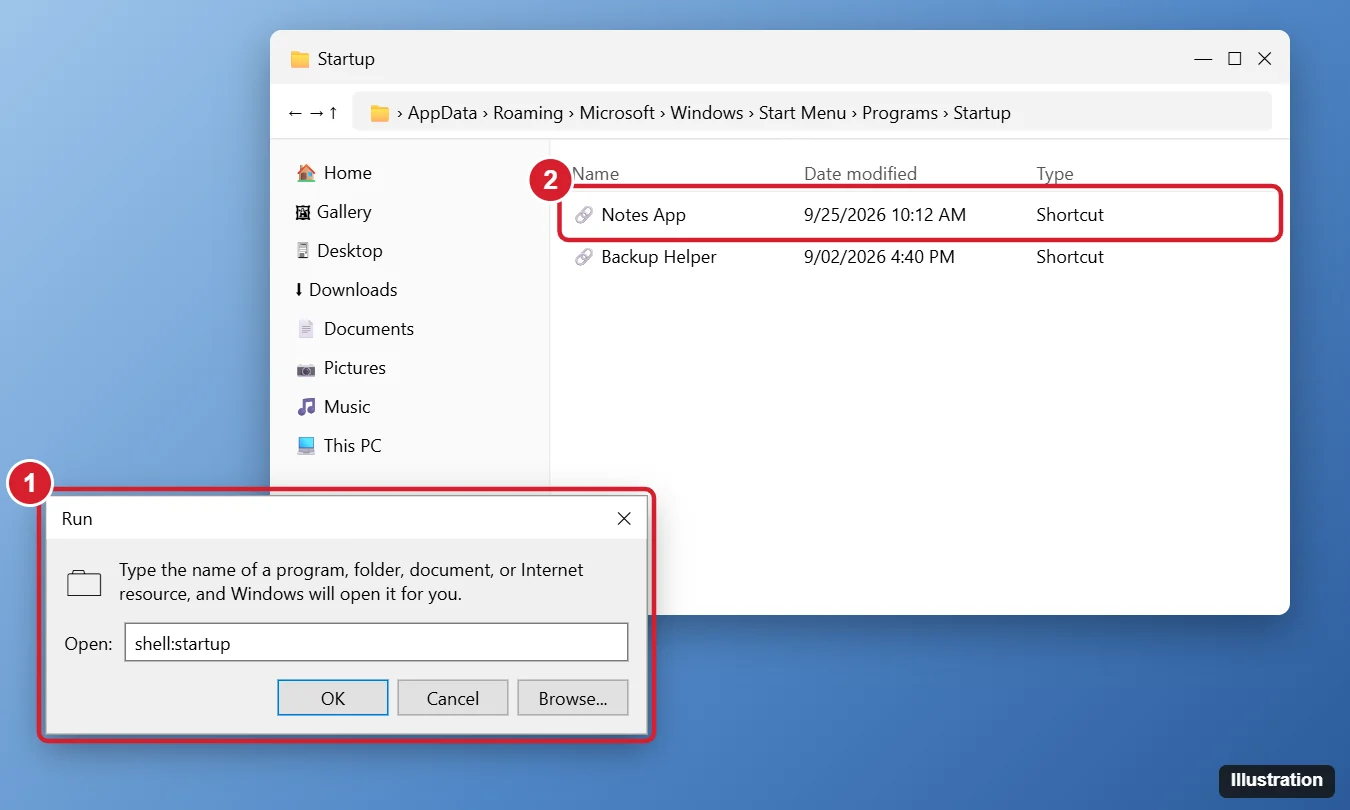 How to Add Programs to Startup in Windows 11 (3 Ways) 1 Windows 11 Run box with shell:startup typed and the Startup folder open in File Explorer containing an app shortcut