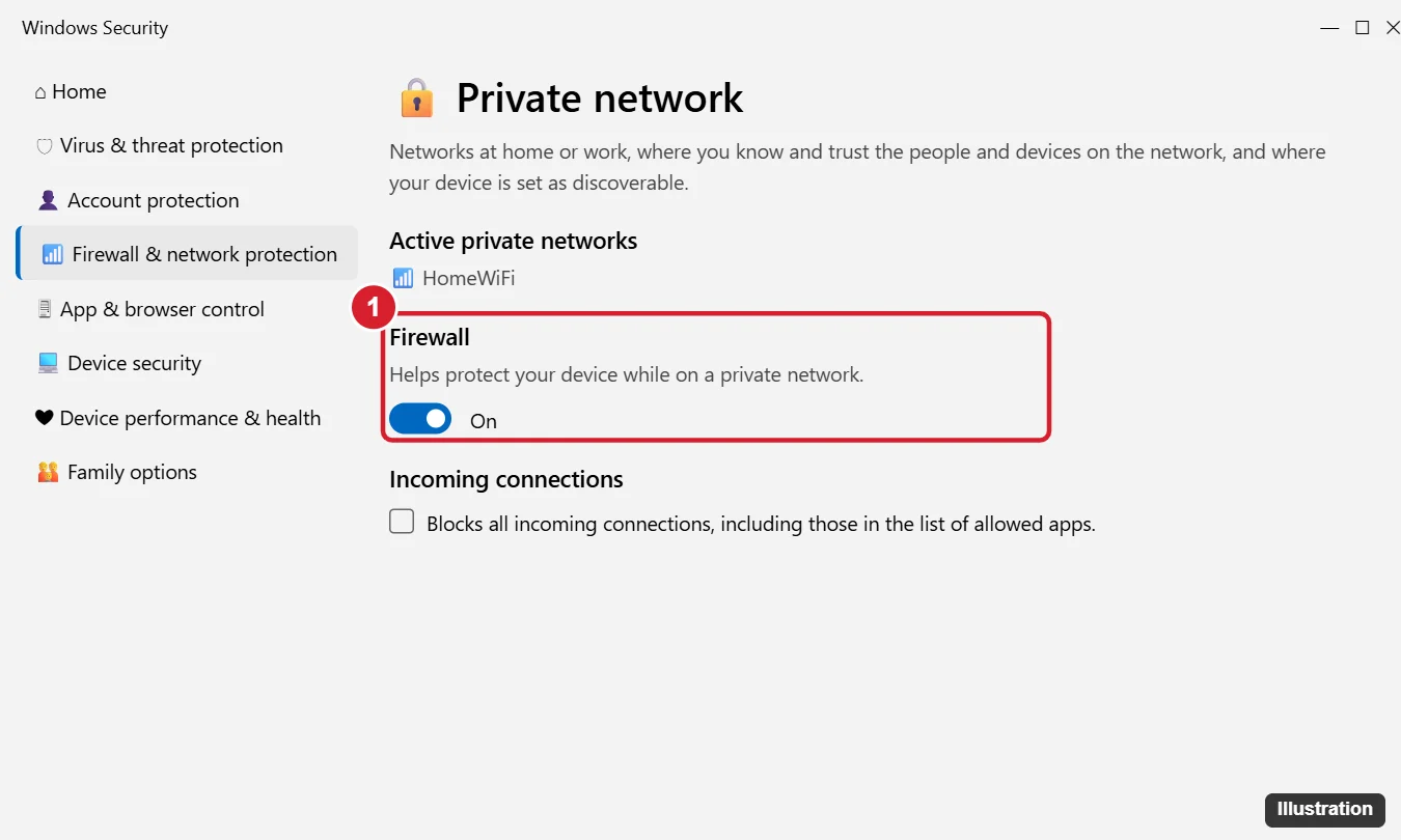 How to Disable the Firewall on Windows 11 (and Turn It Back On) 1 Windows Security Private network settings page with the Firewall switch for the active network highlighted
