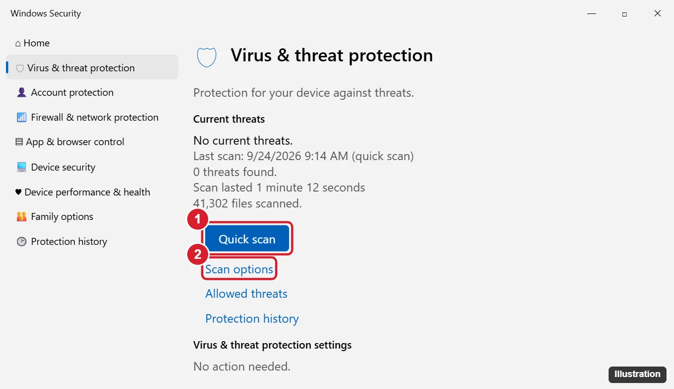 Windows Security Scan options page with Full scan selected and the Scan now button highlighted