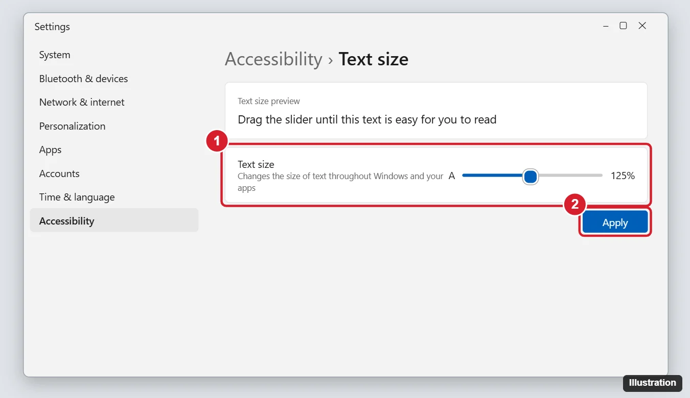 Windows 11 Settings Accessibility Text size page with the text size slider and Apply button highlighted