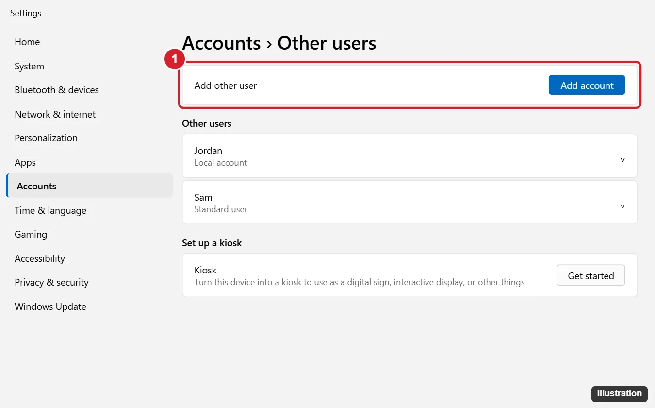 How to Lock a Google Chrome Profile (What Works Now) 1 Windows 11 Settings Accounts Other users page with the Add other user Add account button highlighted, used to give each person a separate password-protected browser profile