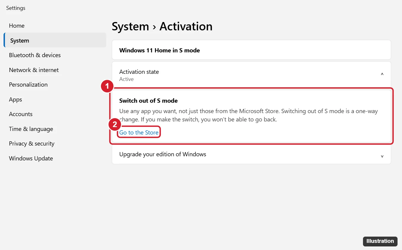 How to Turn Off S Mode in Windows 11 (Free and Permanent) 1 Windows 11 style Settings System Activation page with the Switch out of S mode section expanded and the Go to the Store link highlighted