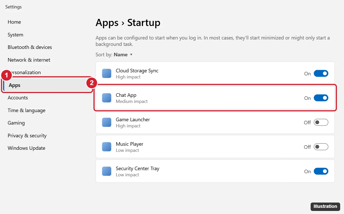 How to Change What Opens on Startup in Windows 10 and 11 1 Windows 11 style Settings Apps Startup page listing startup apps with impact ratings and on off toggles, one toggle highlighted