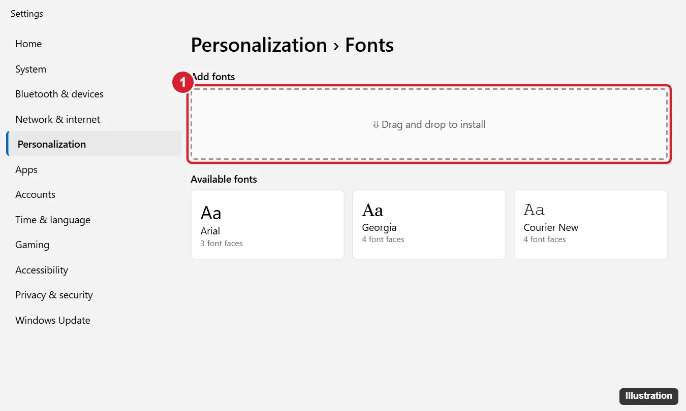 How to Add Fonts to Windows 11 1 Windows 11 Personalization Fonts settings with the drag and drop area to install fonts and a list of available fonts