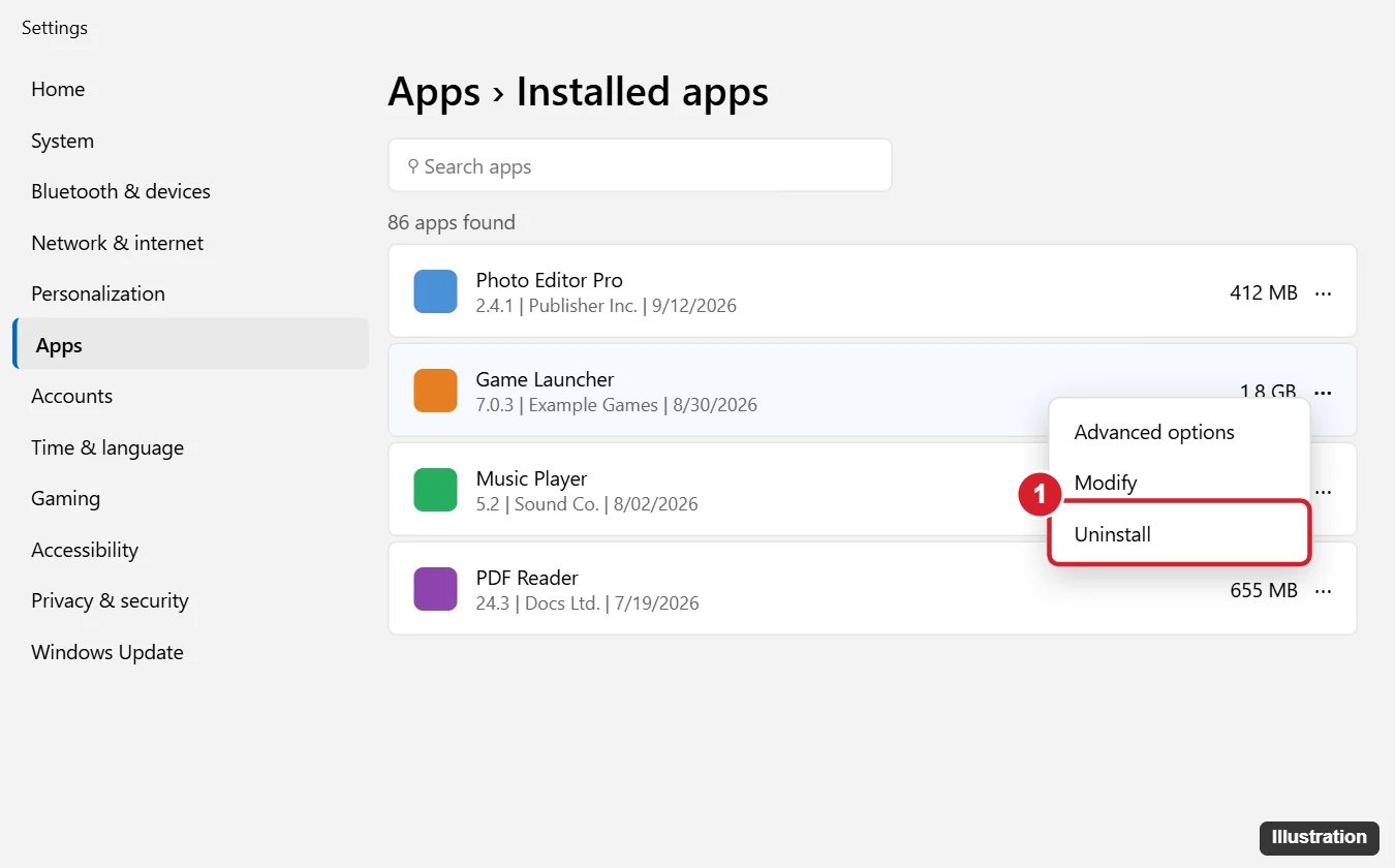 How to Delete Apps on Windows 10 and 11 (4 Ways) 1 Windows 11 Settings Apps Installed apps list with the three-dot menu open on an app and the Uninstall option highlighted