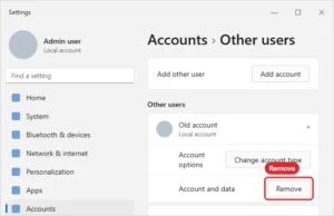 Windows 11 Settings Accounts Other users page with an account expanded and the Remove button for Account and data highlighted