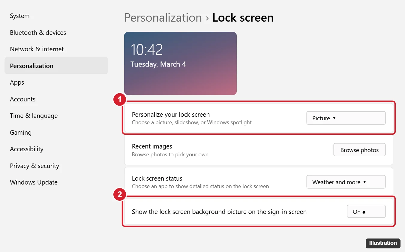 How to Change the Lock Screen on Windows 11 1 Windows 11 Settings Personalization Lock screen page with Personalize your lock screen dropdown highlighted