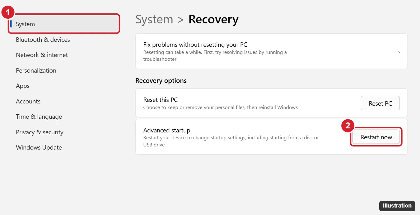 Windows 11 Settings, System, Recovery page with the Advanced startup Restart now button highlighted