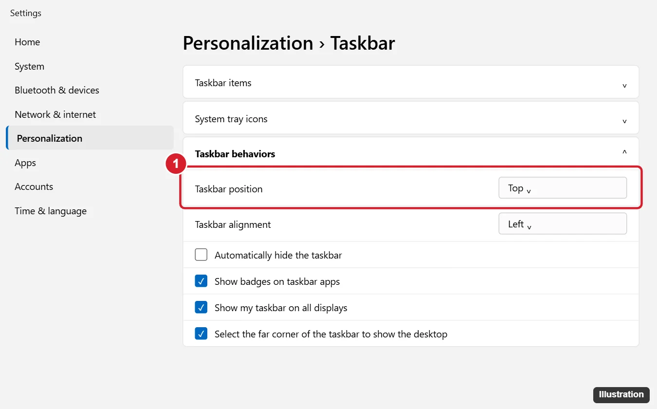 How to Move the Taskbar to the Top in Windows 11 (New Setting) 1 Windows 11 style Settings Personalization Taskbar page with Taskbar behaviors expanded and the Taskbar position dropdown set to Top highlighted