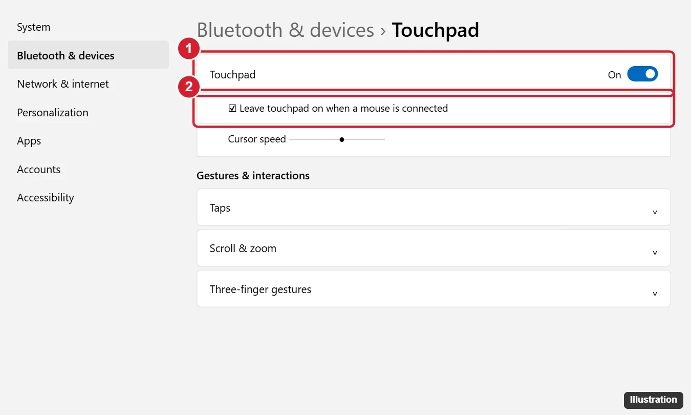 How to Get the Cursor Back on a Lenovo Laptop (Windows 11) 1 Windows 11 Settings Bluetooth and devices Touchpad page with the Touchpad switch and the Leave touchpad on when a mouse is connected option highlighted