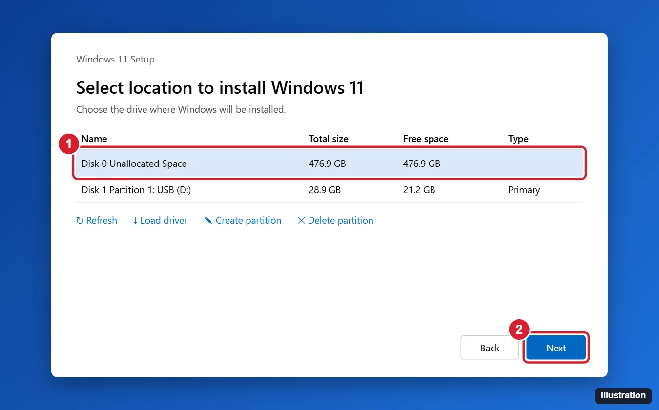 How to Install Windows 11 on a New PC 1 Windows 11 Setup screen for selecting the drive to install Windows on, with unallocated space and Next highlighted