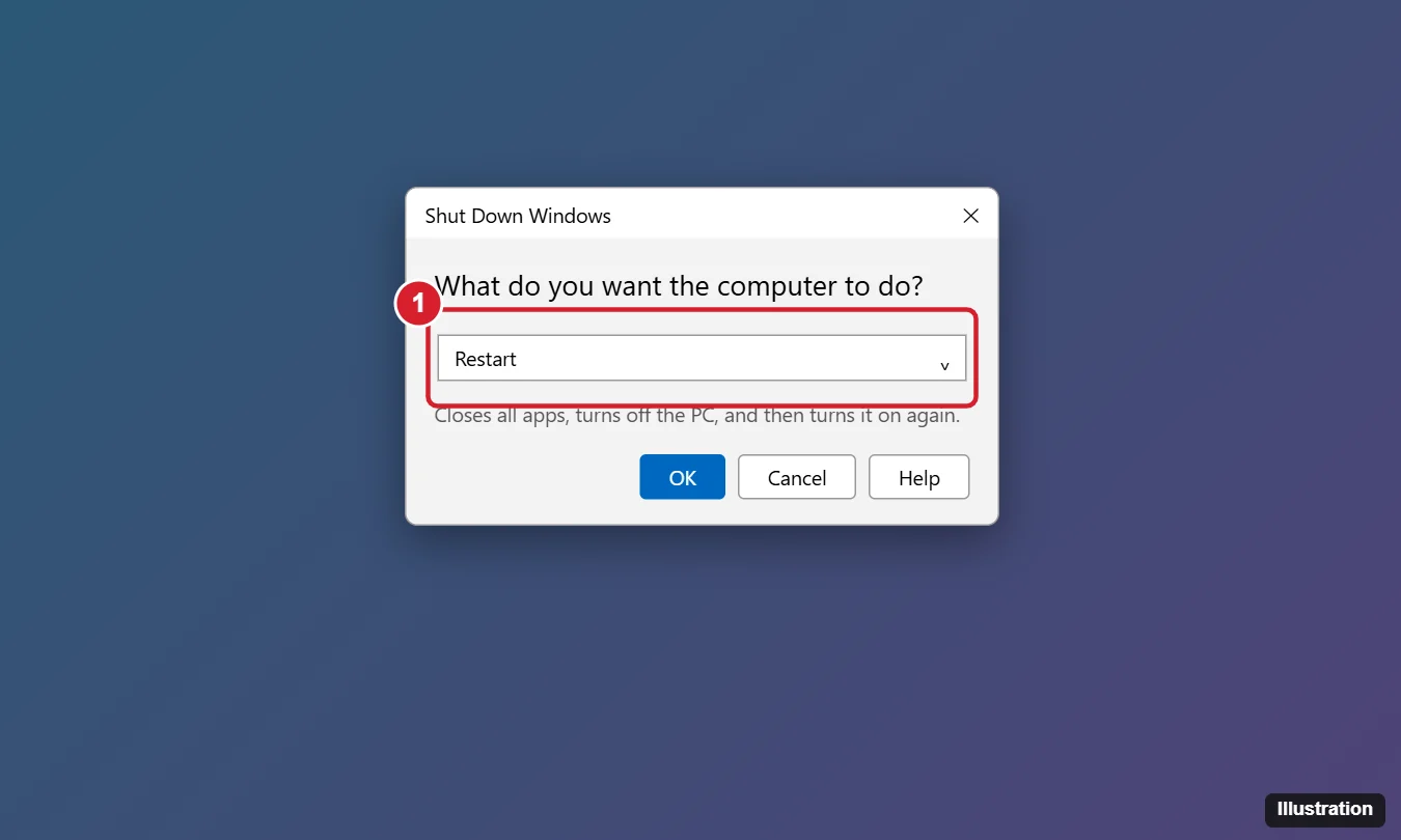 How to Restart Windows 11 With the Keyboard (5 Ways) 1 Windows 11 Shut Down Windows dialog opened with Alt + F4, the drop-down set to Restart and highlighted