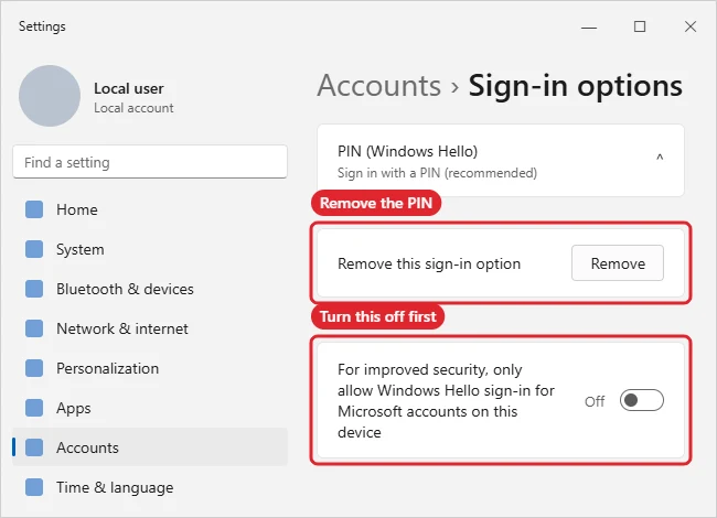 How to Disable the PIN on Windows 11 1 Sign-in options with the PIN Remove button and the Windows Hello only switch highlighted