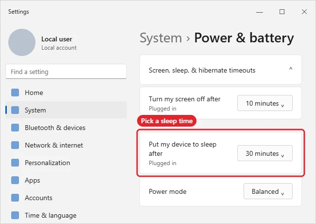 Power settings with the sleep timeout drop-down highlighted