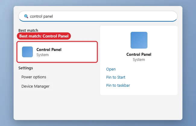 How to Open Control Panel in Windows 11 1 Windows 11 Start menu search showing Control Panel as the best match